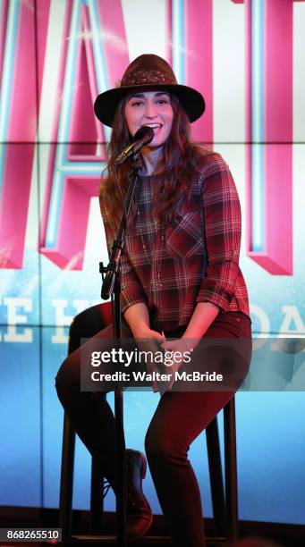 Sara Bareilles on stage during the Jason Mraz joins the cast of 'Waitress' Press Event on October 30, 2017 at You Tube Space in New York City.