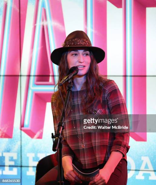 Sara Bareilles on stage during the Jason Mraz joins the cast of 'Waitress' Press Event on October 30, 2017 at You Tube Space in New York City.
