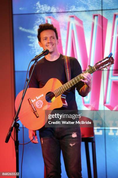 Jason Mraz on stage during the Jason Mraz joins the cast of 'Waitress' Press Event on October 30, 2017 at You Tube Space in New York City.