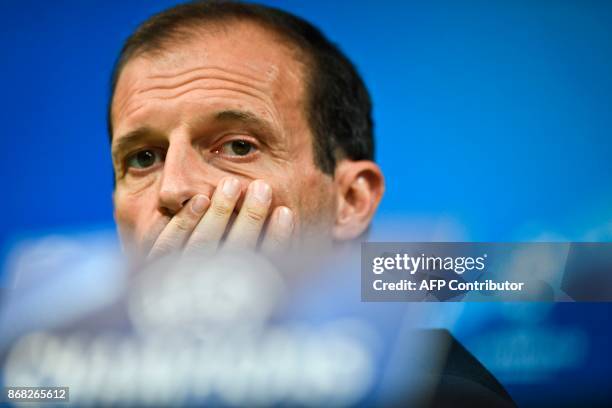 Juventus' Italian coach Massimiliano Allegri holds a press conference at the Alvalade stadium in Lisbon on October 30, 2017 on the eve of the UEFA...