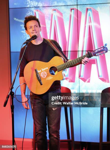 Jason Mraz on stage during the Jason Mraz joins the cast of 'Waitress' Press Event on October 30, 2017 at You Tube Space in New York City.