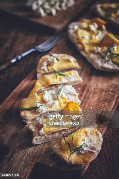 homemade crispbread with ricotta cheese and pumpkins - knäckebrot stock pictures, royalty-free photos & images