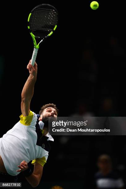 Benoit Paire of France competes against Richard Gasquet of France during Day 1 of the Rolex Paris Masters held at the AccorHotels Arena on October...