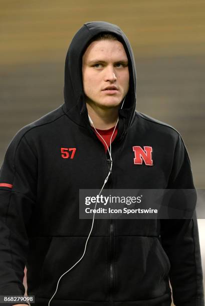 Nebraska Cornhuskers linebacker Jacob Weinmaster warms up for the Big Ten conference game between the Purdue Boilermakers and the Nebraska...