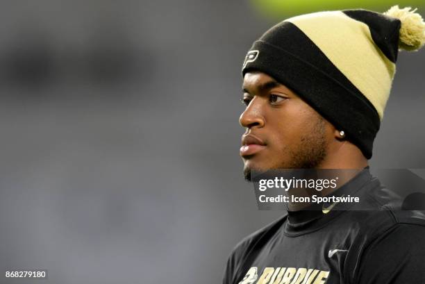 Purdue Boilermakers quarterback Aaron Banks warms up for the Big Ten conference game between the Purdue Boilermakers and the Nebraska Cornhuskers on...