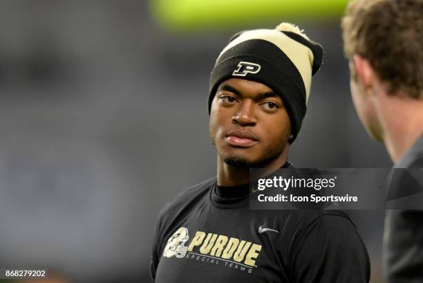 Purdue Boilermakers quarterback Aaron Banks warms up for the Big Ten conference game between the Purdue Boilermakers and the Nebraska Cornhuskers on...