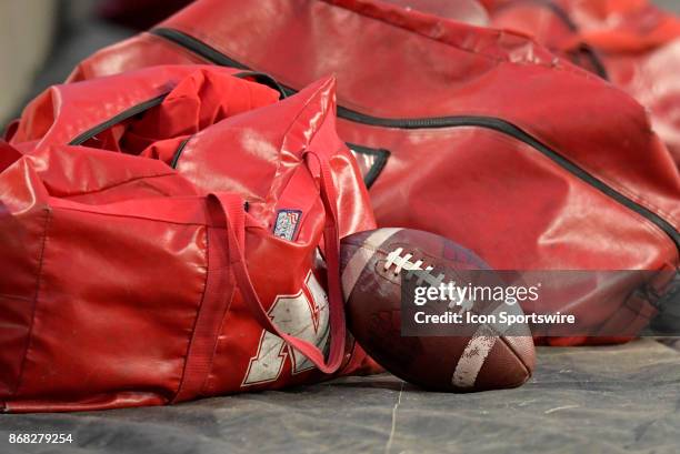 Footbal and equipment bags sit on the sidelines before the start of the Big Ten conference game between the Purdue Boilermakers and the Nebraska...