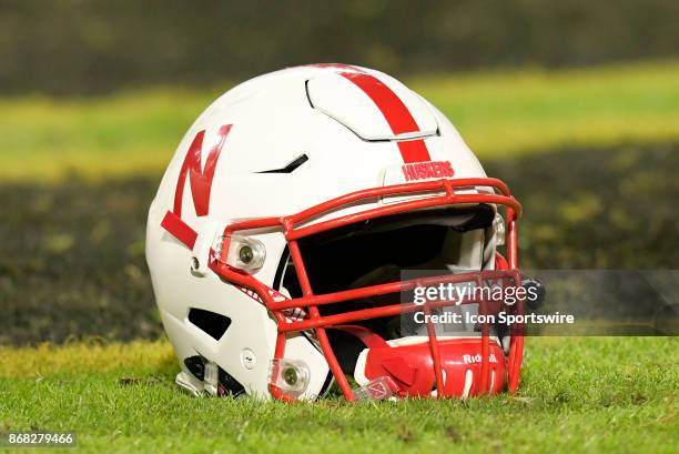 Nebraska Cornhuskers helmet sits on the field before the start of the Big Ten conference game between the Purdue Boilermakers and the Nebraska...