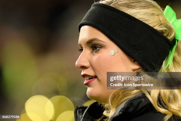 Cheerleader looks on during the Big Ten conference game between the Purdue Boilermakers and the Nebraska Cornhuskers on October 28 at Ross-Ade...