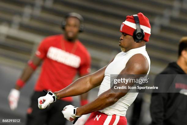 Nebraska Cornhuskers defensive back Joshua Kalu dances during warm ups for the Big Ten conference game between the Purdue Boilermakers and the...