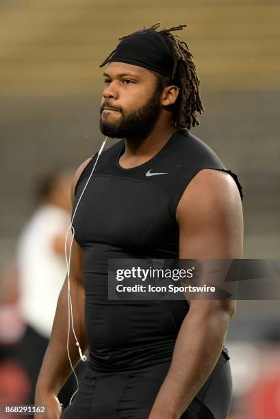 Purdue Boilermakers defensive end Gelen Robinson warms up for the Big Ten conference game between the Purdue Boilermakers and the Nebraska...