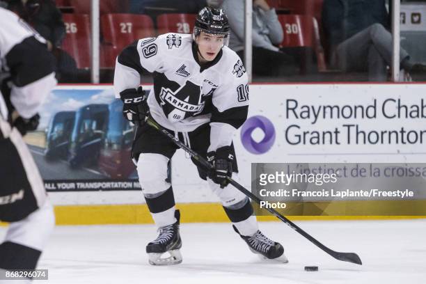 Alex Barre-Boulet of the Blainville-Boisbriand Armada skate with the puck against the Gatineau Olympiques on October 13, 2017 at Robert Guertin Arena...