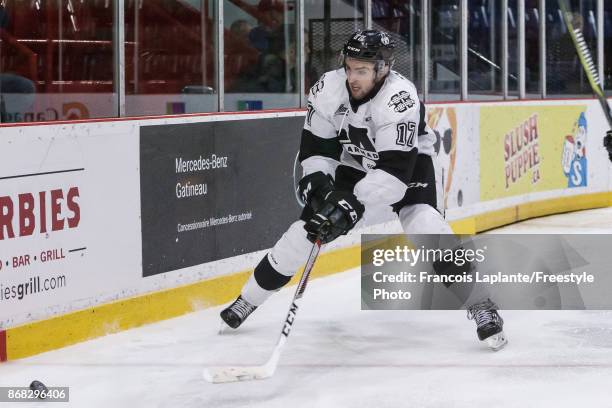 Thomas Ethier of the Blainville-Boisbriand Armada skate against the Gatineau Olympiques on October 13, 2017 at Robert Guertin Arena in Gatineau,...