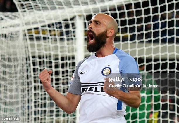 Borja Valero of FC Internazionale celebrates after scoring the opening goal during the Serie A match between Hellas Verona FC and FC Internazionale...