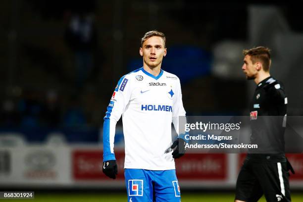 Linus Wahlqvist of IFK Norrkoping during the Allsvenskan match between IFK Norrkoping and Orebro SK at Ostgotaporten on October 30, 2017 in...