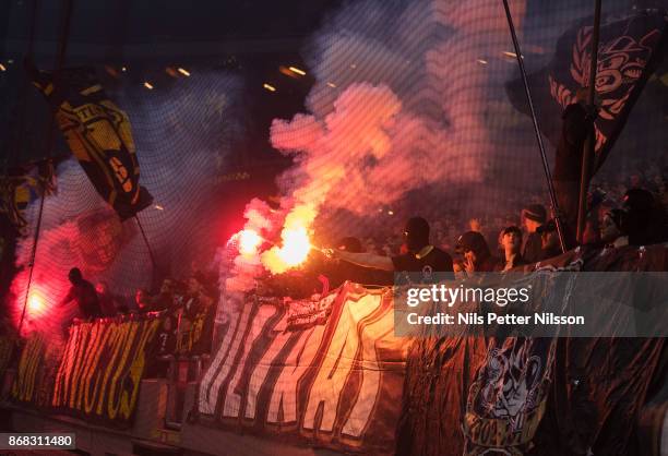 Fans of AIK during the Allsvenskan match between AIK and IFK Goteborg at Friends arena on October 30, 2017 in Solna, Sweden.