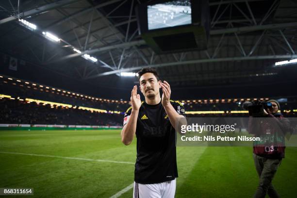 Stefan Ishizaki of AIK cheers to the fans after his last home-game for the club during the Allsvenskan match between AIK and IFK Goteborg at Friends...