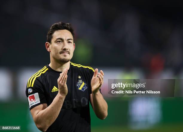 Stefan Ishizaki of AIK cheers to the fans after his last home-game for the club during the Allsvenskan match between AIK and IFK Goteborg at Friends...