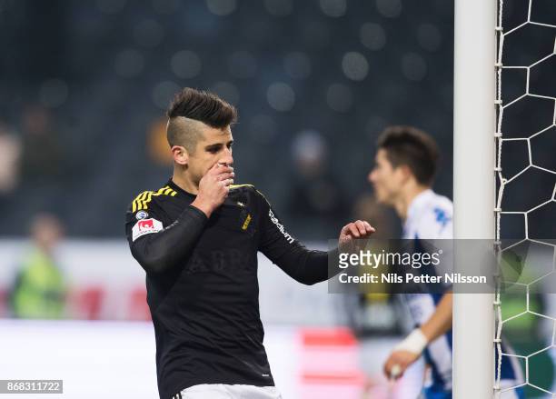 Nicolas Stefanelli of AIK dejected during the Allsvenskan match between AIK and IFK Goteborg at Friends arena on October 30, 2017 in Solna, Sweden.