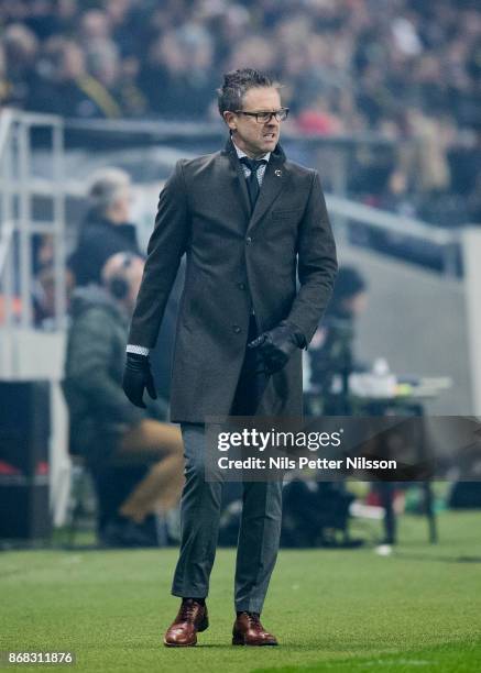 Rikard Norling, head coach of AIK during the Allsvenskan match between AIK and IFK Goteborg at Friends arena on October 30, 2017 in Solna, Sweden.