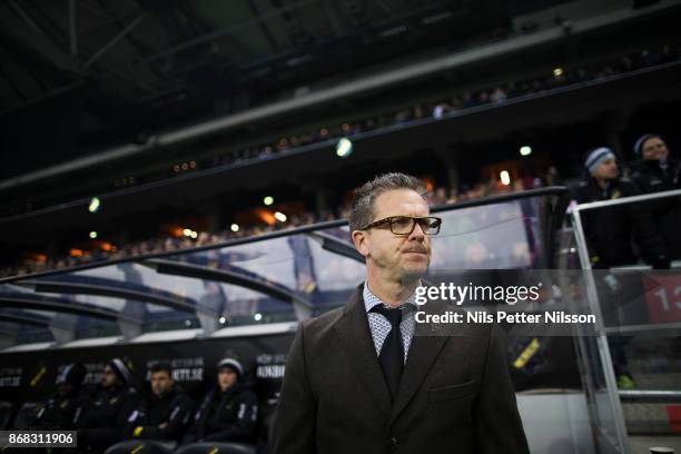 Rikard Norling, head coach of AIK during the Allsvenskan match between AIK and IFK Goteborg at Friends arena on October 30, 2017 in Solna, Sweden.