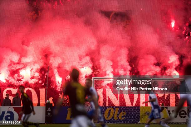 Fans of AIK during the Allsvenskan match between AIK and IFK Goteborg at Friends arena on October 30, 2017 in Solna, Sweden.