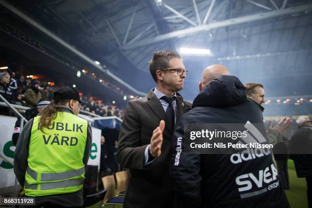 Rikard Norling, head coach of AIK during the Allsvenskan match between AIK and IFK Goteborg at Friends arena on October 30, 2017 in Solna, Sweden.