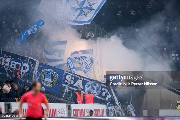 Fans of IFK Goteborg during the Allsvenskan match between AIK and IFK Goteborg at Friends arena on October 30, 2017 in Solna, Sweden.