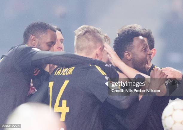 Chinedu Obasi of AIK celebrates after scoring to 1-0 during the Allsvenskan match between AIK and IFK Goteborg at Friends arena on October 30, 2017...