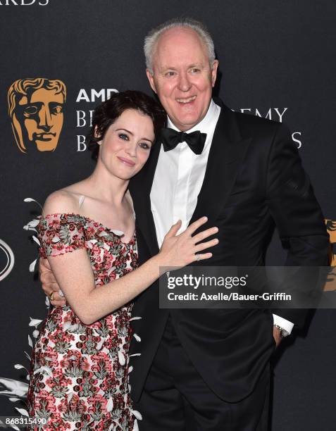 Actors Claire Foy and John Lithgow arrive at the 2017 AMD British Academy Britannia Awards at The Beverly Hilton Hotel on October 27, 2017 in Beverly...