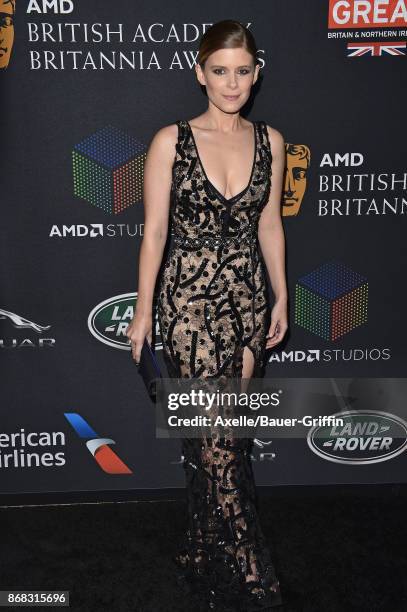 Actress Kate Mara arrives at the 2017 AMD British Academy Britannia Awards at The Beverly Hilton Hotel on October 27, 2017 in Beverly Hills,...