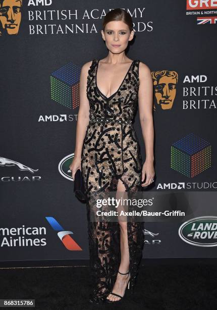 Actress Kate Mara arrives at the 2017 AMD British Academy Britannia Awards at The Beverly Hilton Hotel on October 27, 2017 in Beverly Hills,...