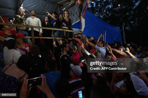 Brazilian singer Caetano Veloso addresses the crowd during a rally at the Povo sem Medo in support of the 7,000 families -members of the Homeless...