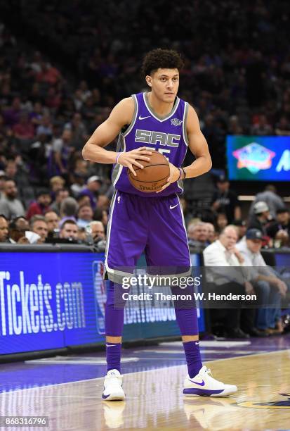 Justin Jackson of the Sacramento Kings looks to pass the ball against the New Orleans Pelicans during an NBA basketball game against the New Orleans...