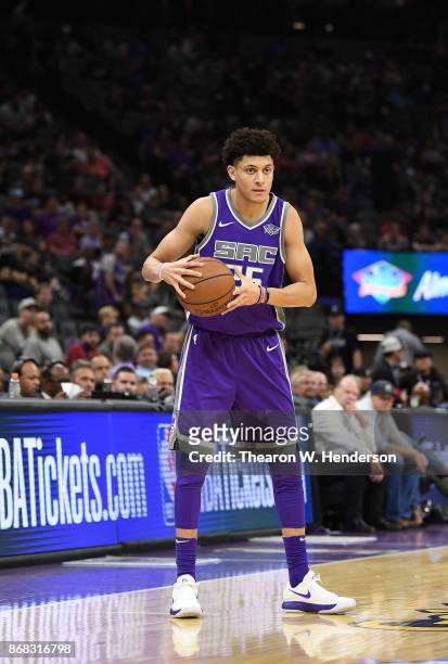 Justin Jackson of the Sacramento Kings looks to pass the ball against the New Orleans Pelicans during an NBA basketball game against the New Orleans...