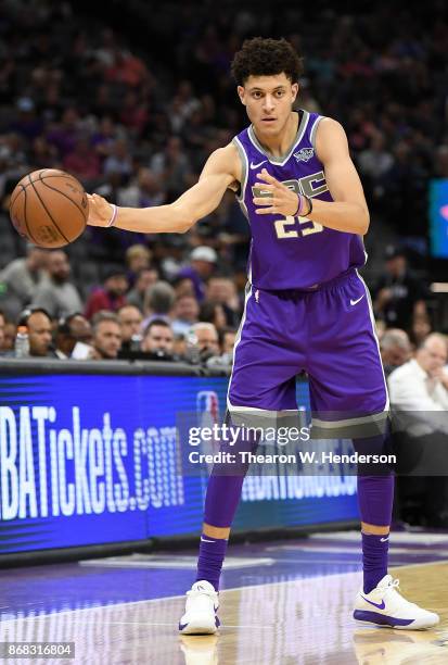 Justin Jackson of the Sacramento Kings looks to pass the ball against the New Orleans Pelicans during an NBA basketball game against the New Orleans...