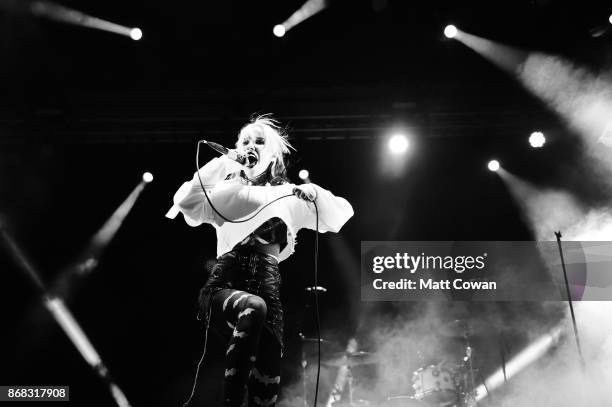 Singer Margaret Osborn, better known professionally as Alice Glass performs at the Growlers 6 festival at the LA Waterfront on October 29, 2017 in...