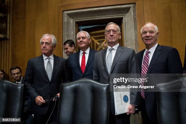 Committee chairman Sen. Bob Corker , U.S. Secretary of State Rex Tillerson, U.S. Secretary of Defense James Mattis, and ranking member Sen. Ben...