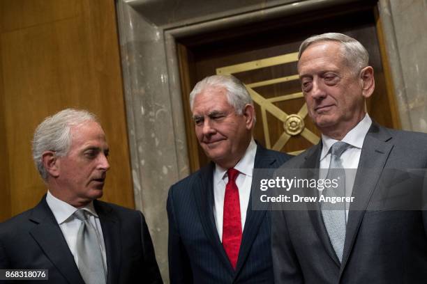 Committee chairman Sen. Bob Corker , U.S. Secretary of State Rex Tillerson, and U.S. Secretary of Defense James Mattis arrive for a Senate Foreign...