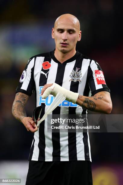 Jonjo Shelvey of Newcastle United looks dejected following the Premier League match between Burnley and Newcastle United at Turf Moor on October 30,...