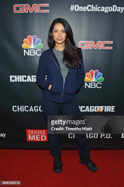 Miranda Rae Mayo attends the press junket for "One Chicago" on October 30, 2017 in Chicago, Illinois.