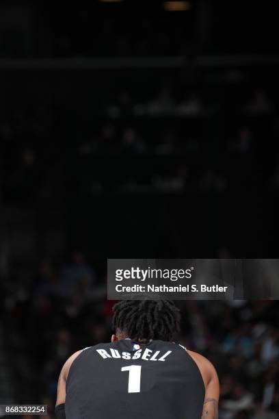 Angelo Russell of the Brooklyn Nets looks on during the game against the Denver Nuggets on October 29, 2017 at Barclays Center in Brooklyn, New York....