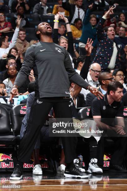 Sean Kilpatrick of the Brooklyn Nets reacts during the game against the Denver Nuggets on October 29, 2017 at Barclays Center in Brooklyn, New York....