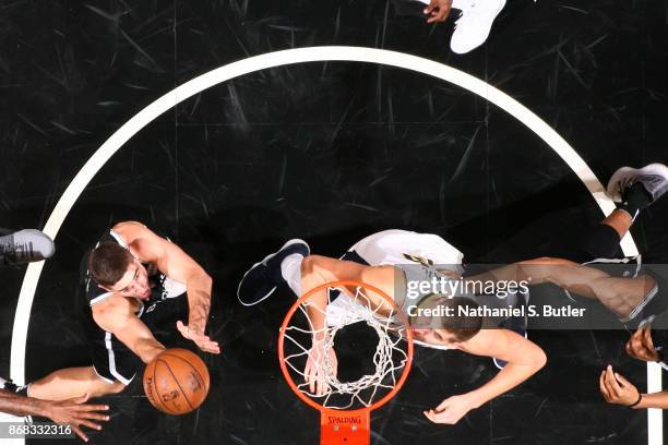 Joe Harris of the Brooklyn Nets goes to the basket against the Denver Nuggets on October 29, 2017 at Barclays Center in Brooklyn, New York. NOTE TO...