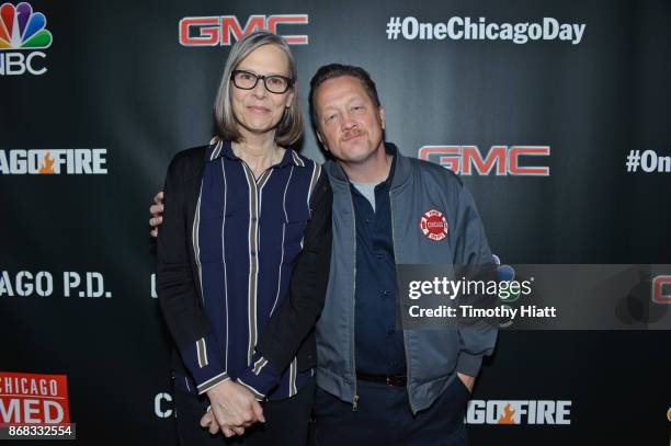 Amy Morton and Christian Stolte attend the press junket for "One Chicago" on October 30, 2017 in Chicago, Illinois.