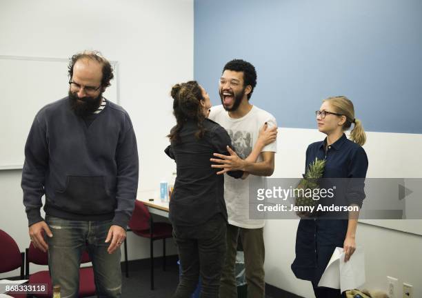 Brett Gelman, Michelle Gomez, Justice Smith and Tavi Gevninson in rehearsal for 24 Hour Plays on Broadway at American Airlines Theatre on October 30,...