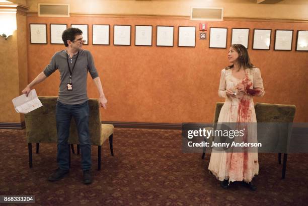 Jonathan Marc Sherman and Elizabeth Rodriguez in rehearsal for 24 Hour Plays on Broadway at American Airlines Theatre on October 30, 2017 in New York...