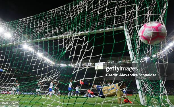 Miguel Borja of Palmeiras scores their first goal during the match between Palmeiras and Cruzeiro for the Brasileirao Series A 2017 at Allianz Parque...