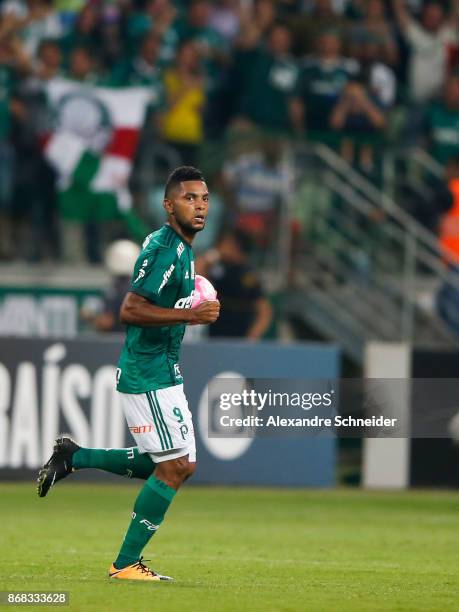 Miguel Borja of Palmeiras celebrayes their first goal during the match between Palmeiras and Cruzeiro for the Brasileirao Series A 2017 at Allianz...