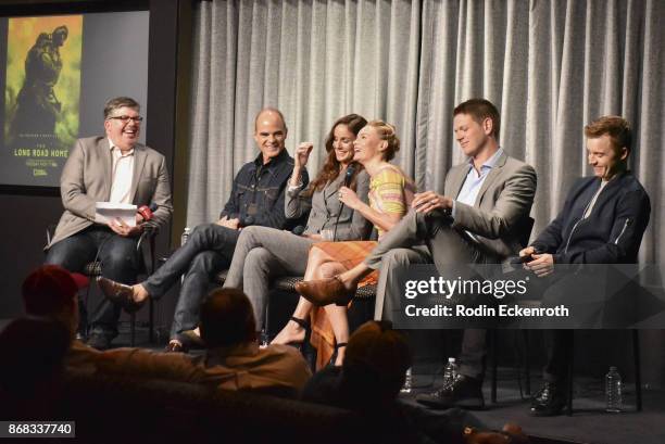 Moderator Jim Halterman, and actors Michael Kelly, Sarah Wayne Callies, Kate Bosworth, Jon Bevers, and Noel Fisher speak onstage at SAG-AFTRA...